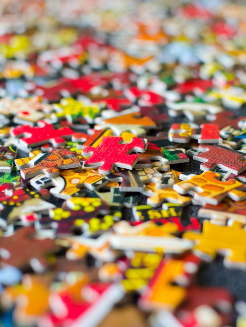 Close up shot of jigsaw puzzle pieces
